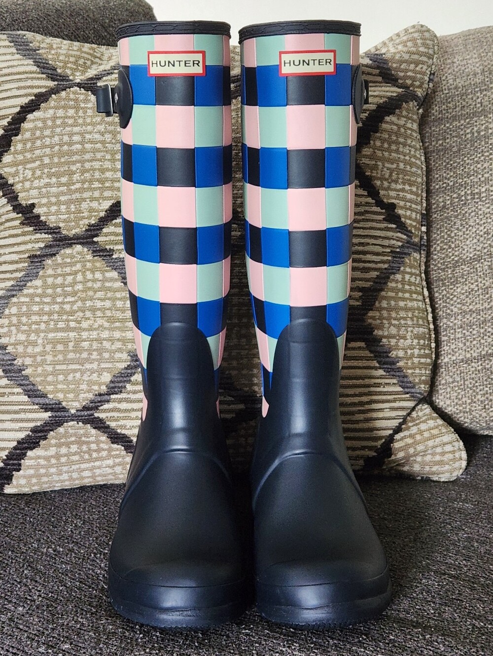 ☔️RARE Hunter☔️ - Blue/Pink Gingham Matte Finish Tall Wellington Rain Boot - Picture 3 of 12